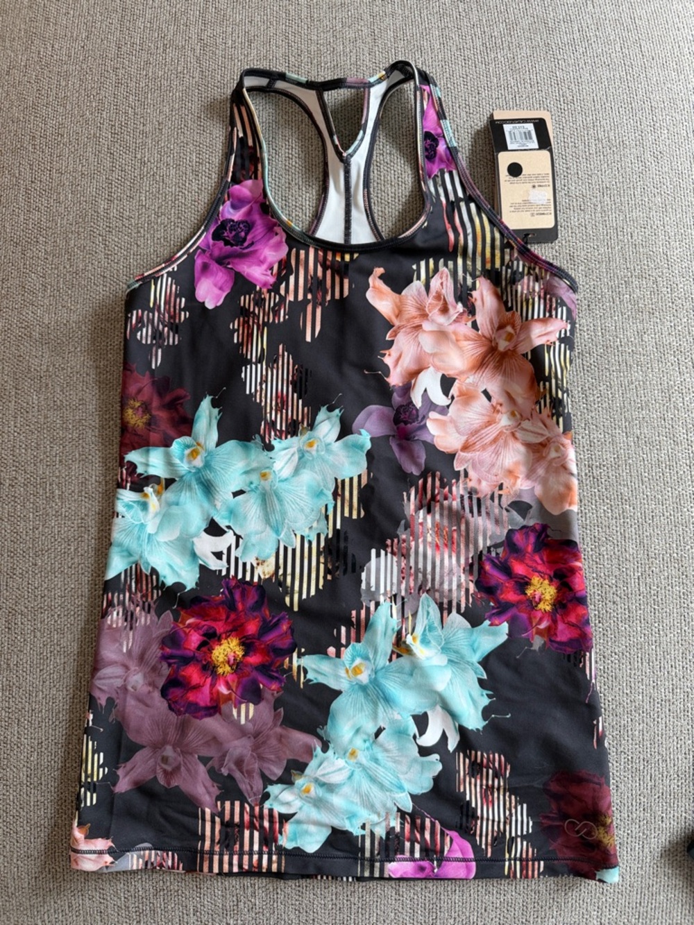 Calia by Carrie Underwood Floral Racerback Top - Black with Multi-Colored Blooms
